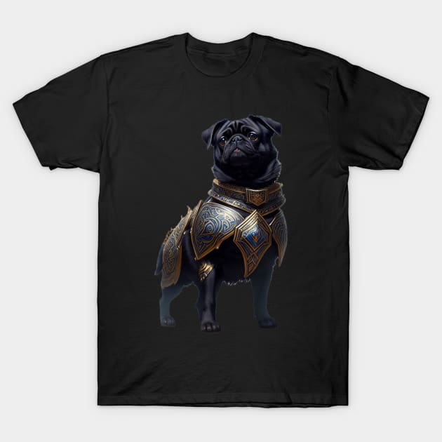 Mighty Black Pug in Heavy Mythical Armor T-Shirt by fur-niche